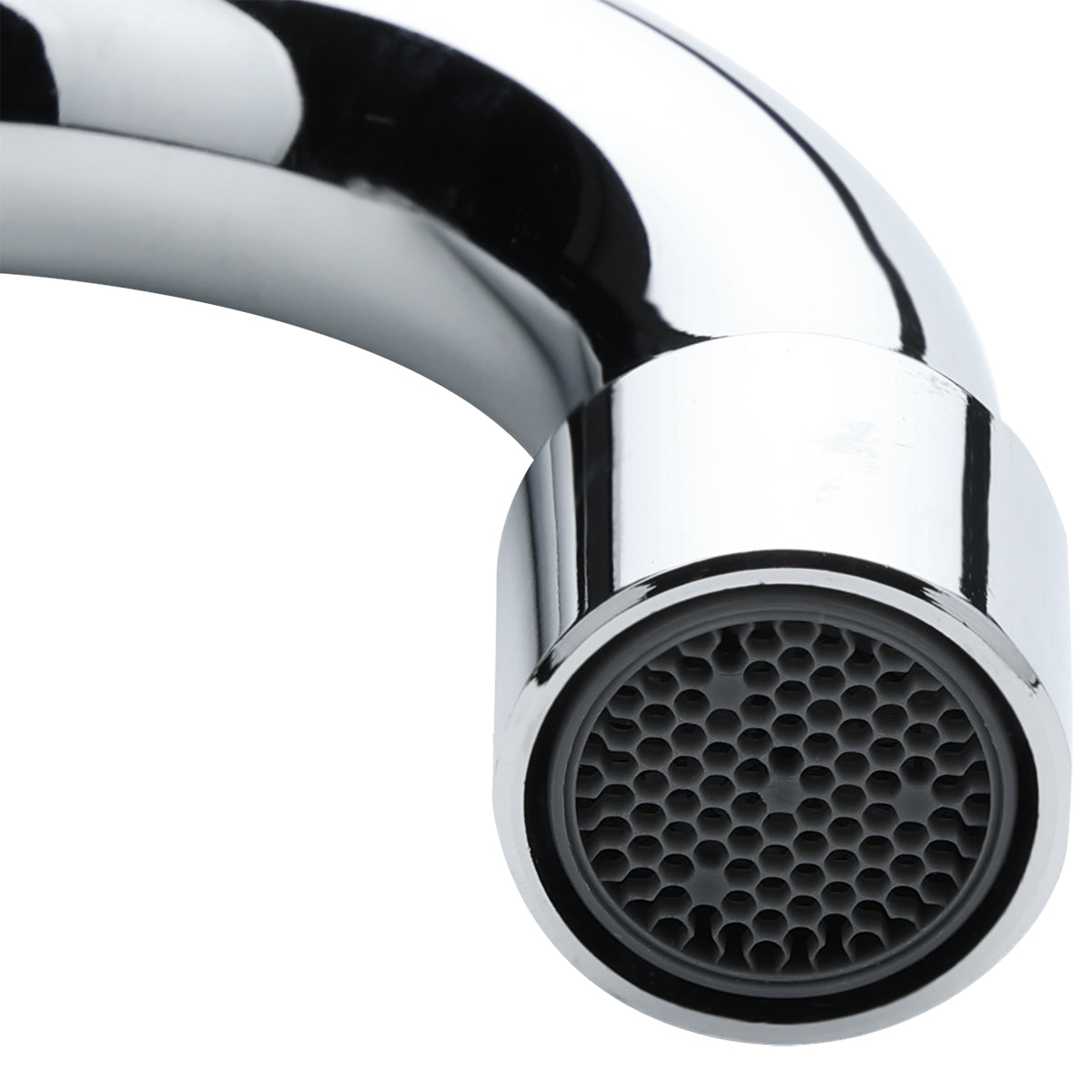A close-up of a shiny, curved stainless swing spout faucet with a black honeycomb-patterned aerator at the tip, set against a plain white background.