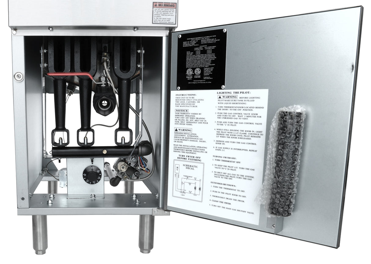 A close-up of an open commercial gas fryer reveals internal heating elements, wiring, valves, and controls. The door is open to show safety instructions and a wiring diagram. This sturdy machine stands on four legs and offers a 40 lb capacity.