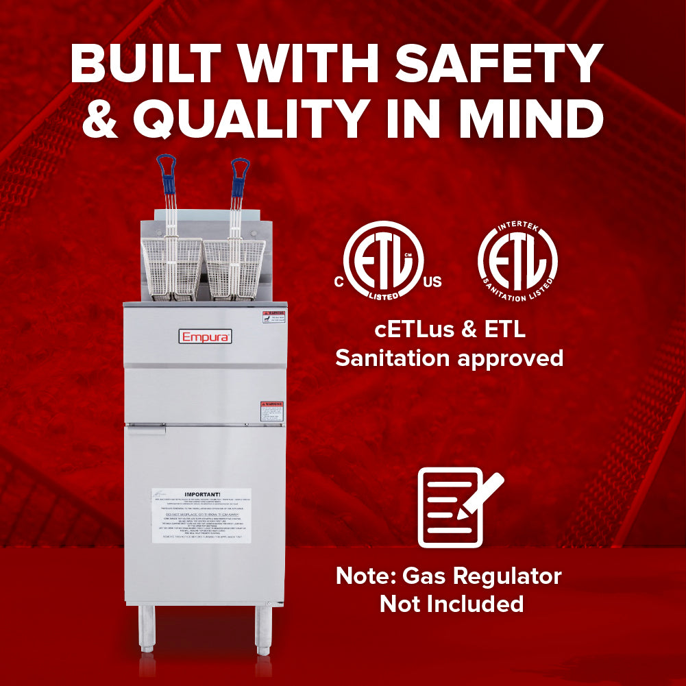 A commercial gas fryer with two baskets is shown against a red background. Text above reads, “BUILT WITH SAFETY & QUALITY IN MIND.” ETL logos, approval statement, and a note that the gas regulator is not included appear beside the fryer.