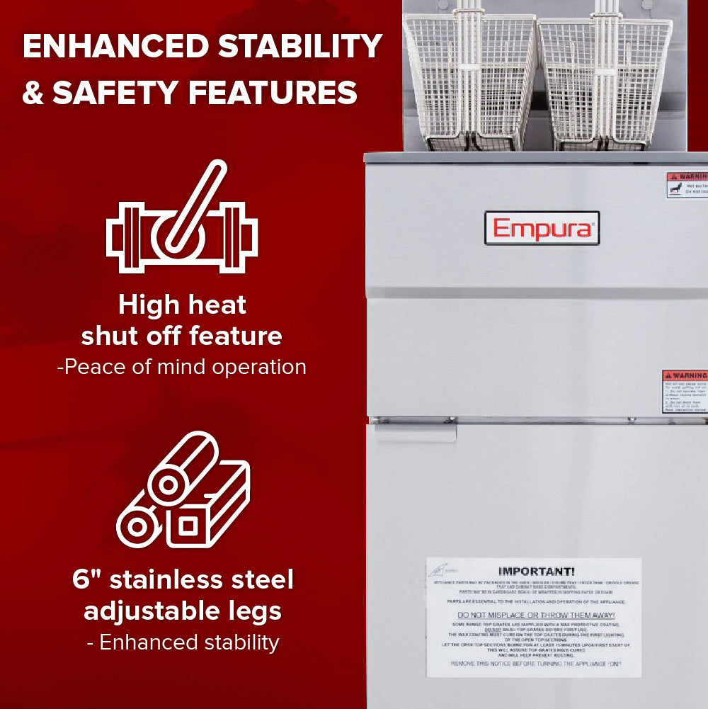 A commercial gas fryer with baskets is shown on the right. On the left, icons and text highlight features: a high heat shut-off for safety and 6-inch stainless steel adjustable legs for stability. The background is red with white text and graphics.