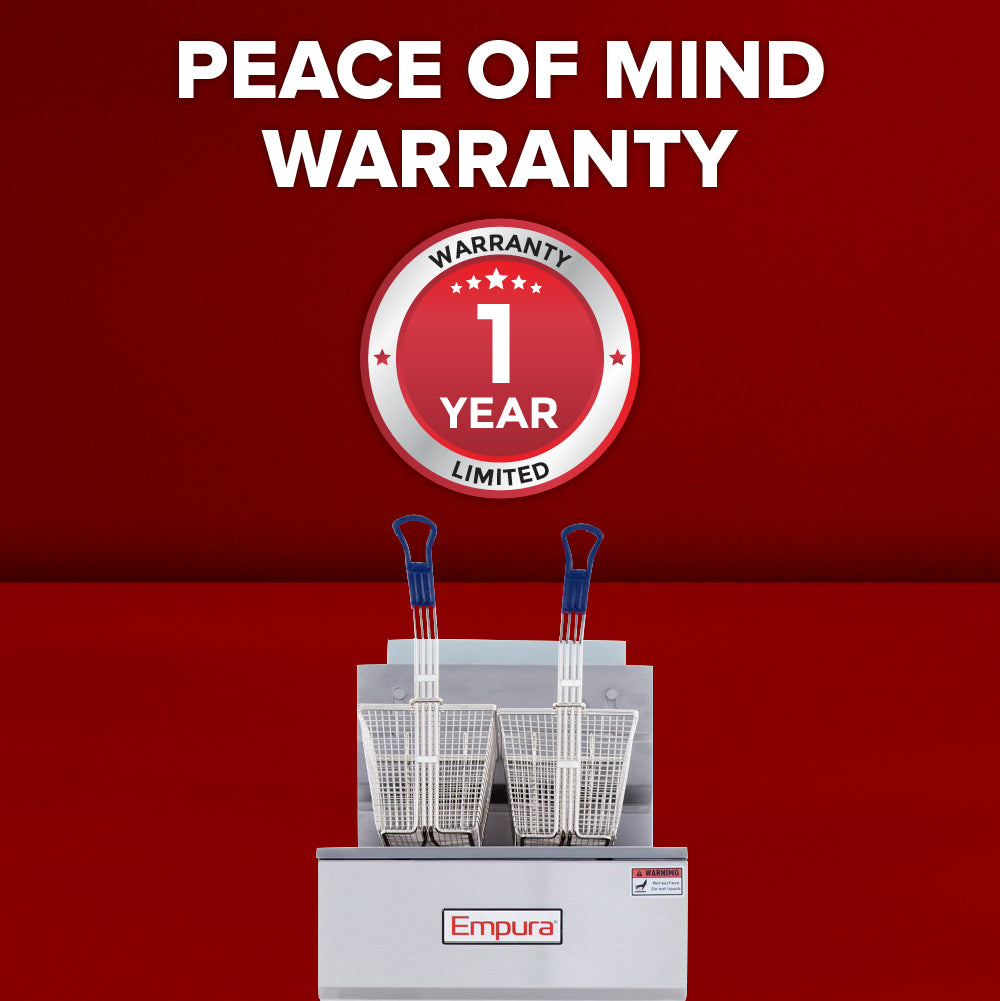 Commercial gas fryer with two baskets sits below a large badge reading Warranty 1 Year Limited. Above, bold white text says Peace of Mind Warranty on a red background. The 50lb capacity fryer displays the Empura logo in a vibrant red and white scheme.