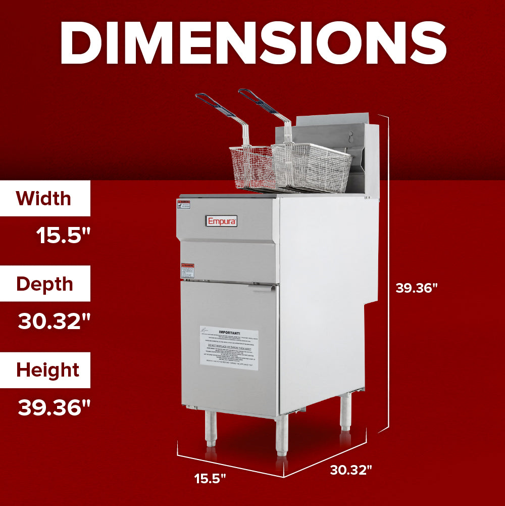 A 50lb capacity commercial gas fryer with two baskets and a control panel is shown on a red background. Dimensions are labeled: width 15.5, depth 30.32, height 39.36. The word DIMENSIONS appears at the top in bold white letters.
