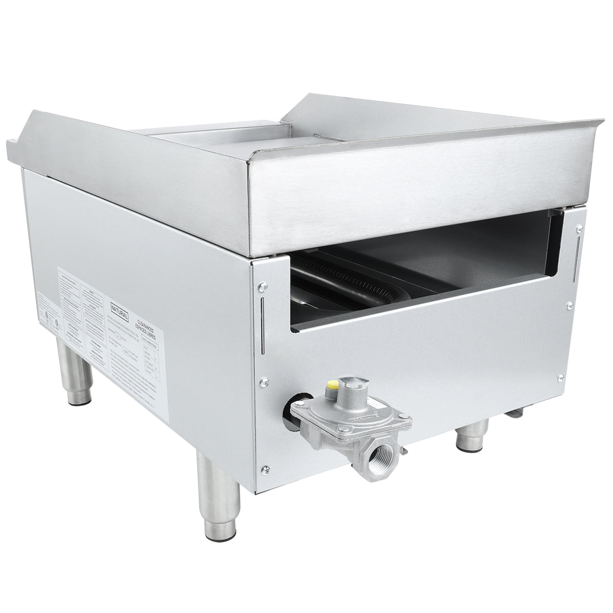 This Standard Duty Gas Griddle features raised sides, a control knob, and a viewing window on the front panel. The commercial stainless steel natural gas griddle sits securely on four sturdy legs, perfect for any countertop setup.