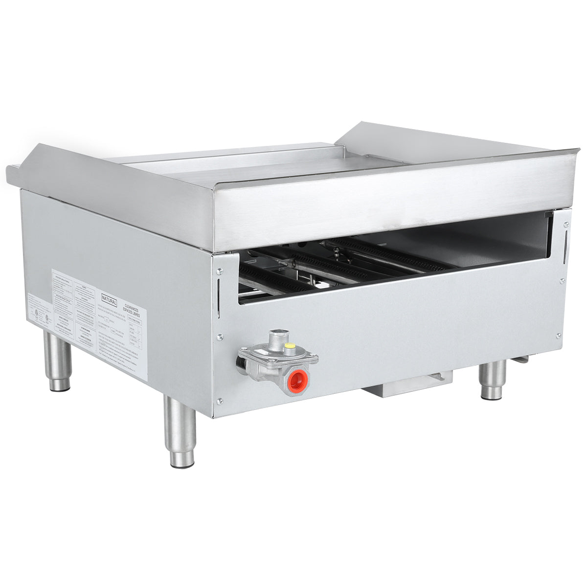 A stainless steel commercial gas griddle for countertop installation with raised sides, four short legs, a front control knob with red marking, and an open front panel revealing internal burners. The flat surface is ideal for professional kitchens.