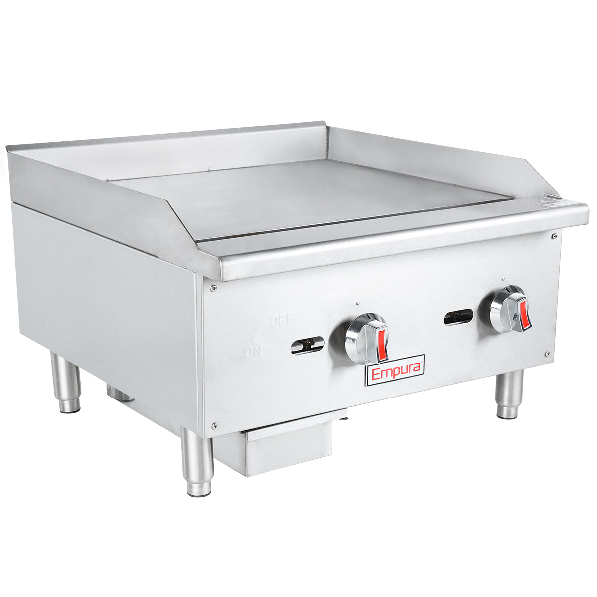 A stainless steel commercial gas griddle with two control knobs, short legs for countertop installation, a backsplash, and a front grease tray. The Empura brand is displayed below the knobs on this smooth, industrial flat-top cooking surface.