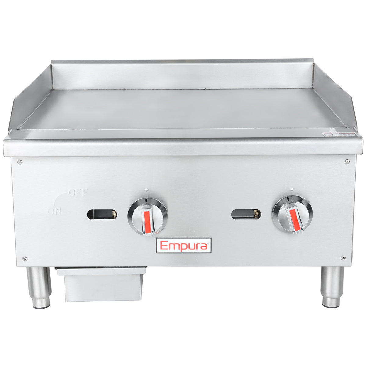A stainless steel Empura gas griddle features two red-tipped control knobs, an on/off indicator, raised side and back splashes, sturdy legs for countertop installation, and a removable grease tray at the lower left front.
