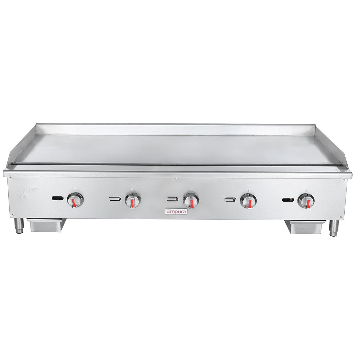 A stainless steel commercial gas griddle with four control knobs and adjustable legs. The large, smooth cooking surface has raised edges on three sides. Designed for countertop installation, it features Empura branding and drip trays beneath the surface.