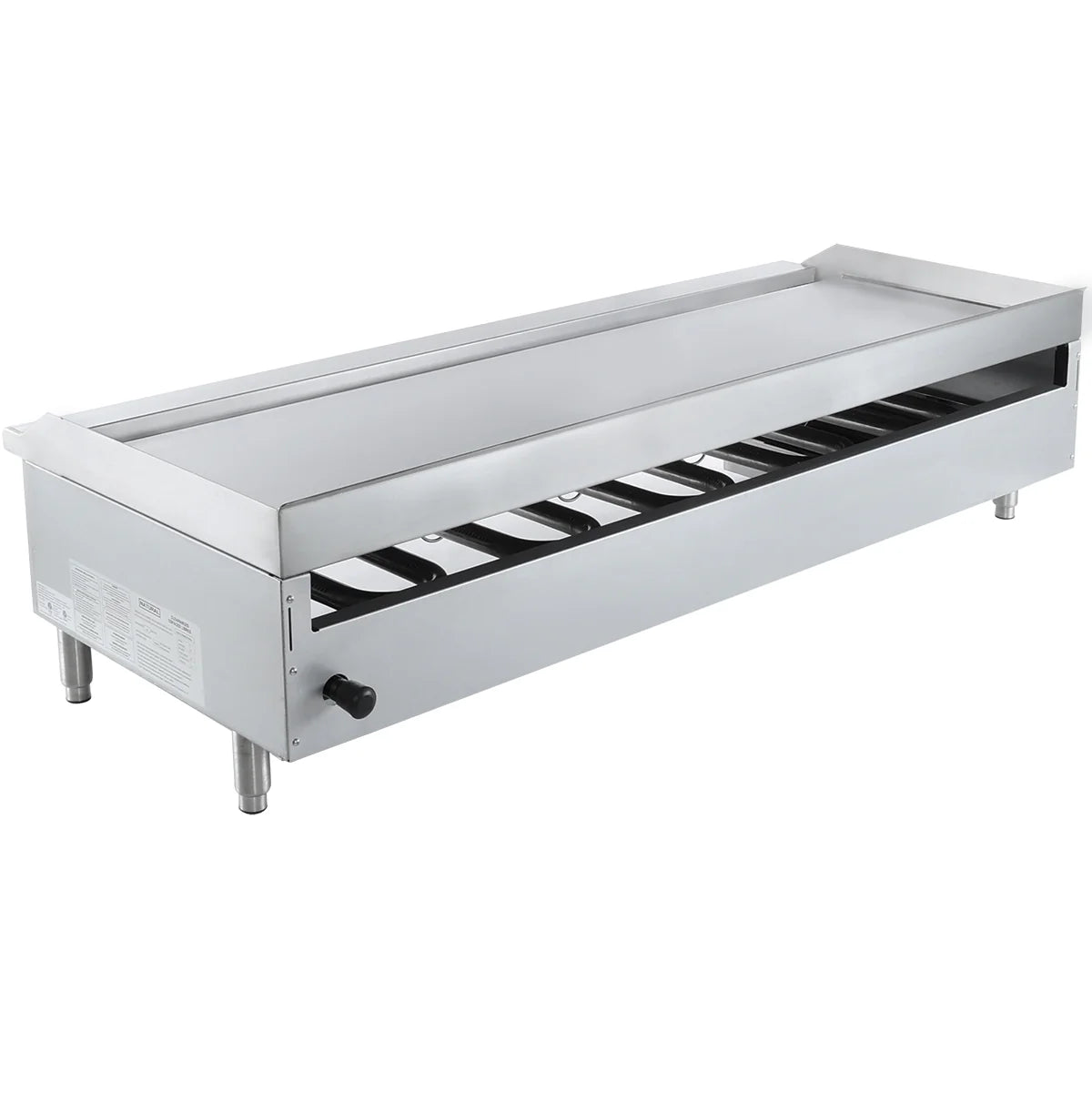 A large, rectangular stainless steel gas griddle with four short legs. The flat cooking surface spans the top, and thermostatic controls are visible on the front. Its slight side lip and sleek, industrial design suit countertop installation.