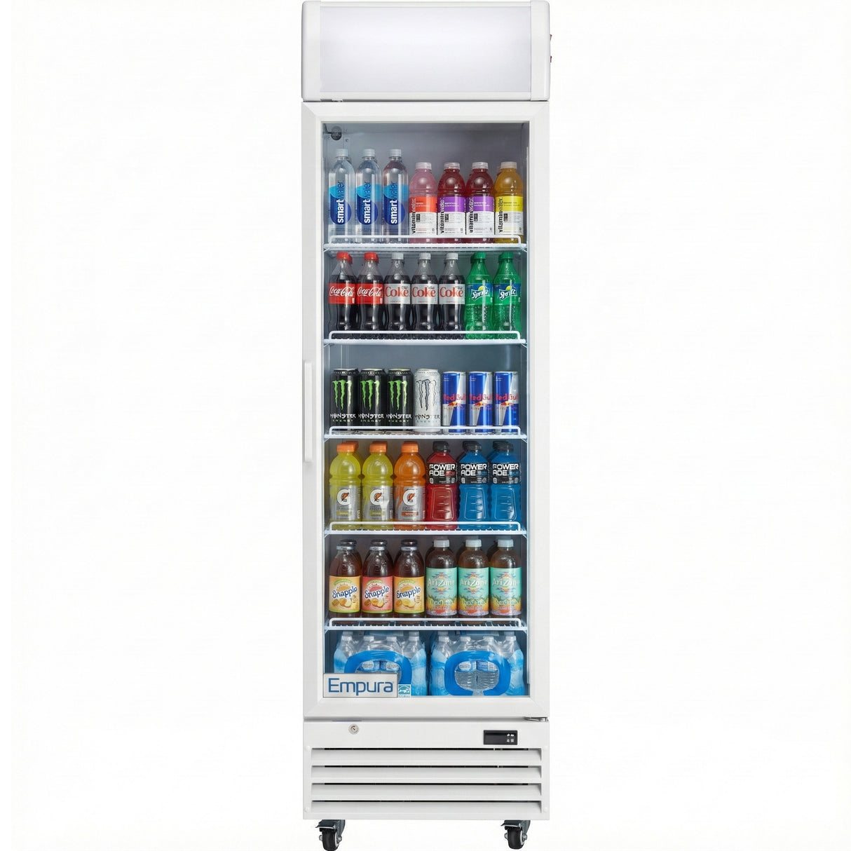 A tall, single-door commercial refrigerated merchandiser with a glass front, stocked with assorted beverages: water, sodas, energy drinks, sports drinks, iced tea, and juices neatly arranged on shelves. White fridge with a lighted sign and wheels at the bottom.