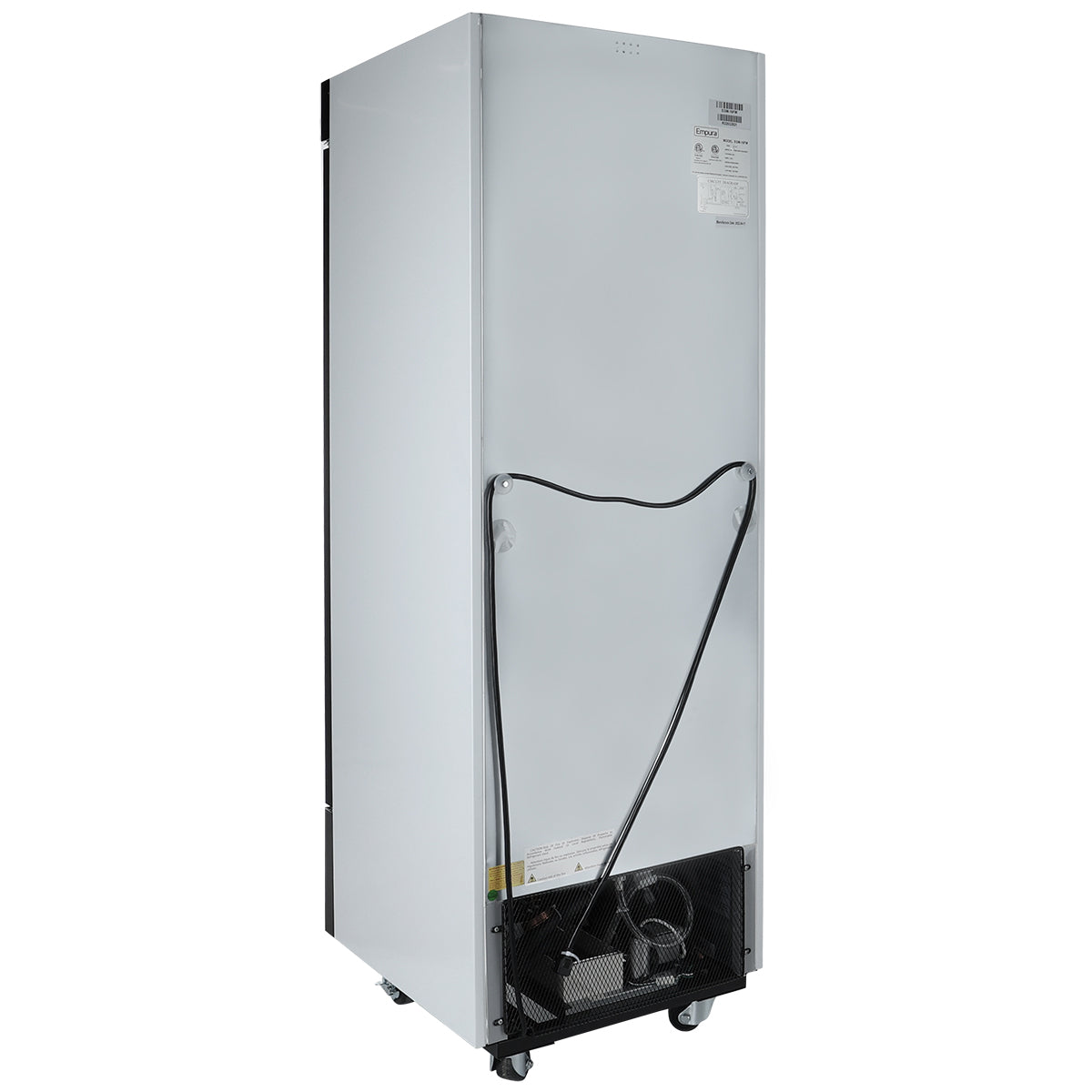 A silver Empura Refrigeration commercial refrigerator seen from the back, showing a metal panel with a coiled black power cord, ventilation grilles, and a label with specifications. This Glass Door Freezer stands on four caster wheels with visible black components near the base.