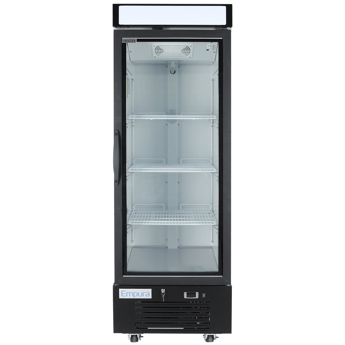 A commercial upright Empura Refrigeration glass-door freezer with black framing, three wire shelves, a left-side handle, and a white sign panel at the top. The interior is empty, and the bottom section displays “Empura” branding with ventilation grates.