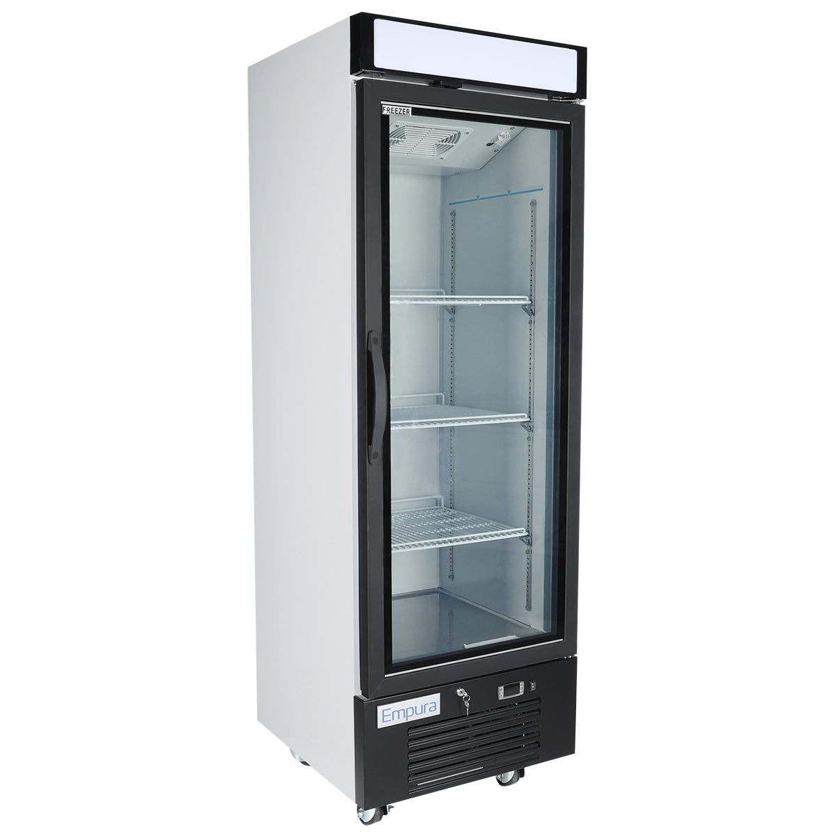 A tall, single-door Empura Refrigeration freezer merchandiser with a glass front, silver sides, and black trim. The left-handled door reveals three metal shelves. This glass door freezer stands on wheels with a white display panel at the top.