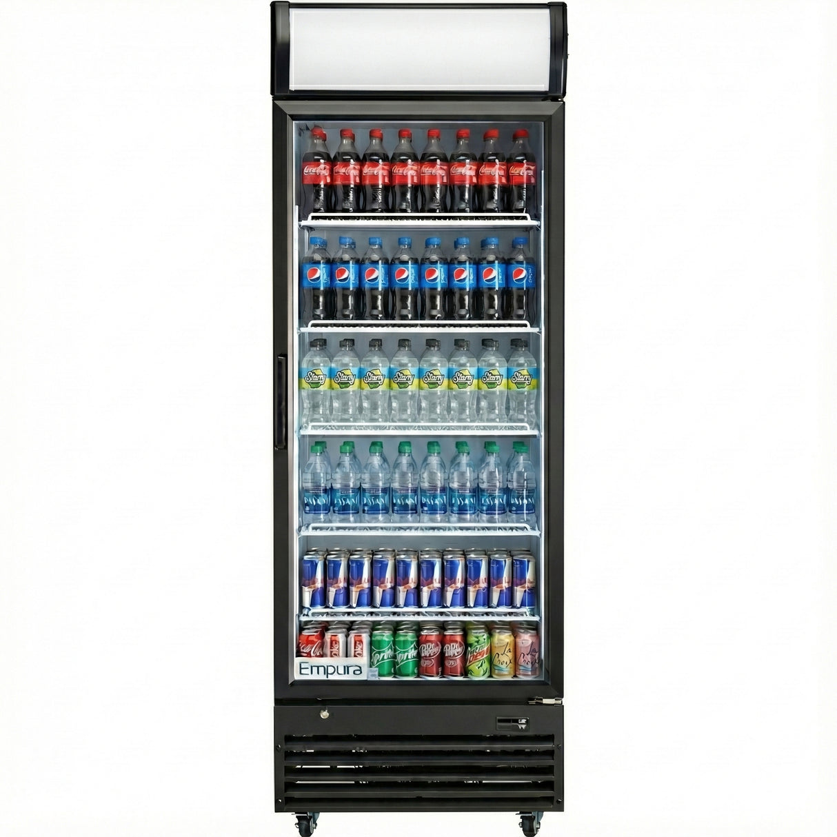 A commercial food storage solution, this black Empura EGM-23B refrigerated merchandiser displays assorted beverages like Coke, Pepsi, Sprite, water, and energy drinks on five neatly organized shelves with branding at the bottom.