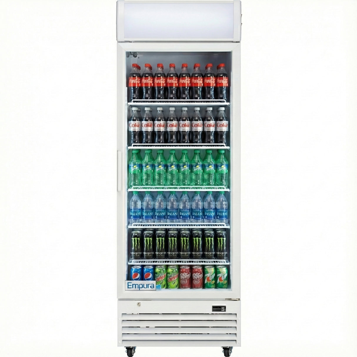 A commercial display refrigerator is stocked with various drinks: Coca-Cola and Diet Coke on the top shelf, Sprite and Pepsi below, bottled water on the middle shelves, Monster energy drinks and Mountain Dew on the bottom shelf.