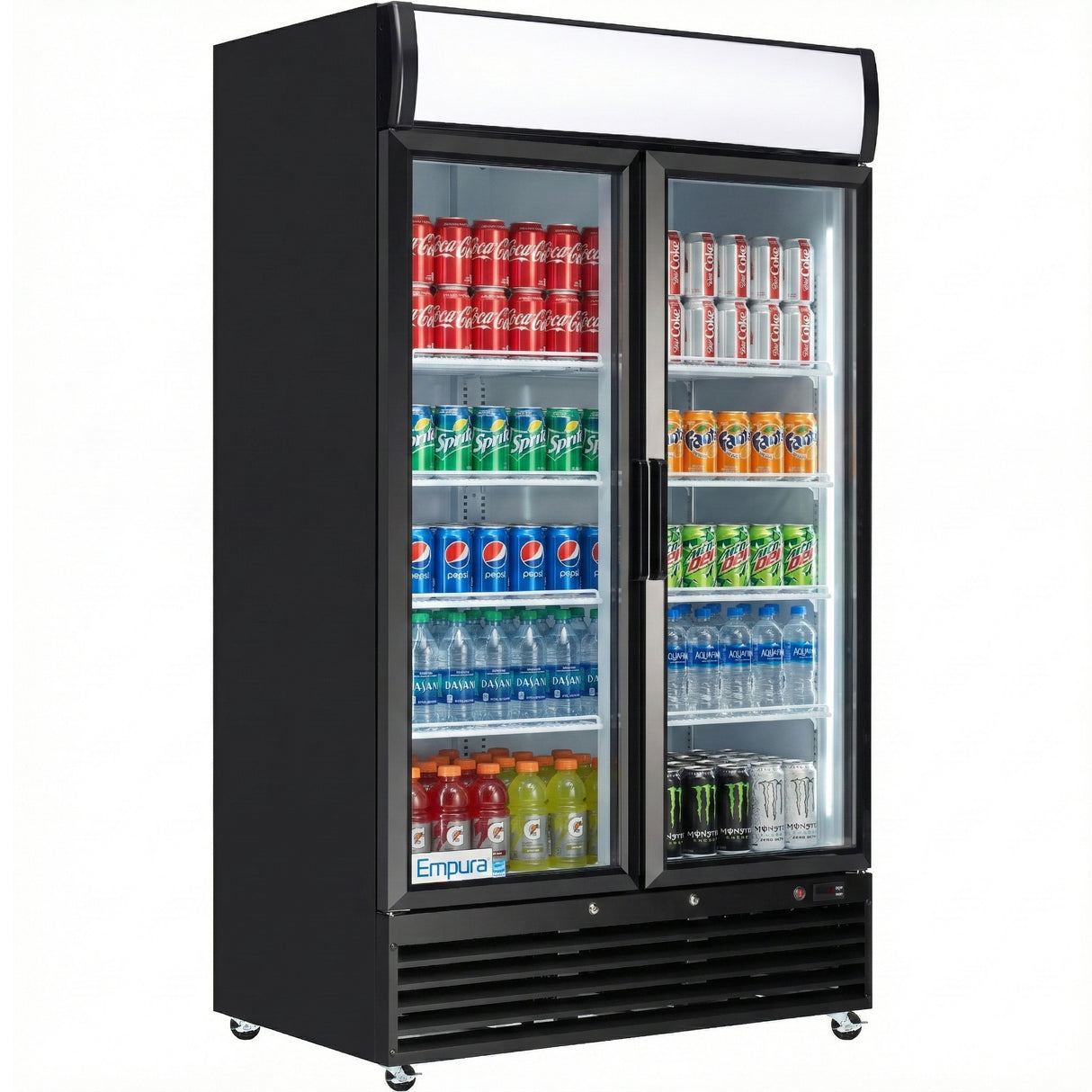 A black refrigerated merchandiser with glass swing doors displays Coca-Cola, Sprite, Pepsi, and Fanta cans on shelves, while bottled juice, water, and Monster energy drinks sit below. This commercial refrigerator features two doors and interior lighting.