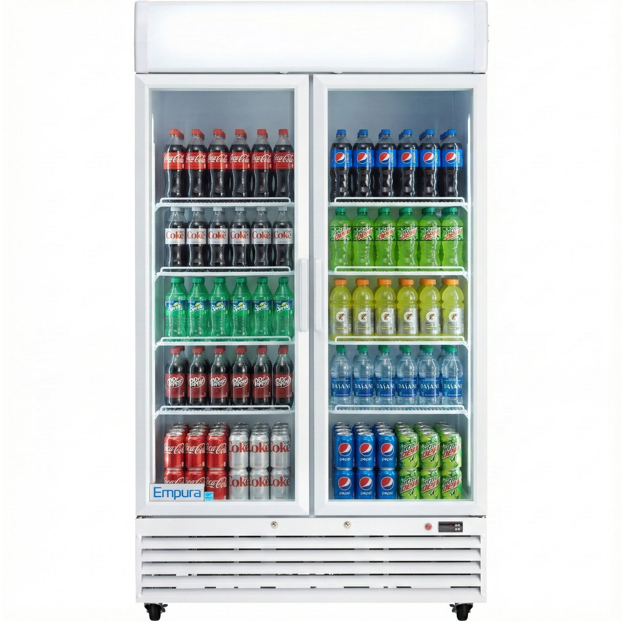 A Glass Swing Door Cooler with glass doors displays rows of soda bottles and cans, including Coca-Cola, Sprite, Pepsi, and more. The white Refrigerated Merchandiser is labeled “Empura” at the bottom, keeping drinks neatly organized on shelves.