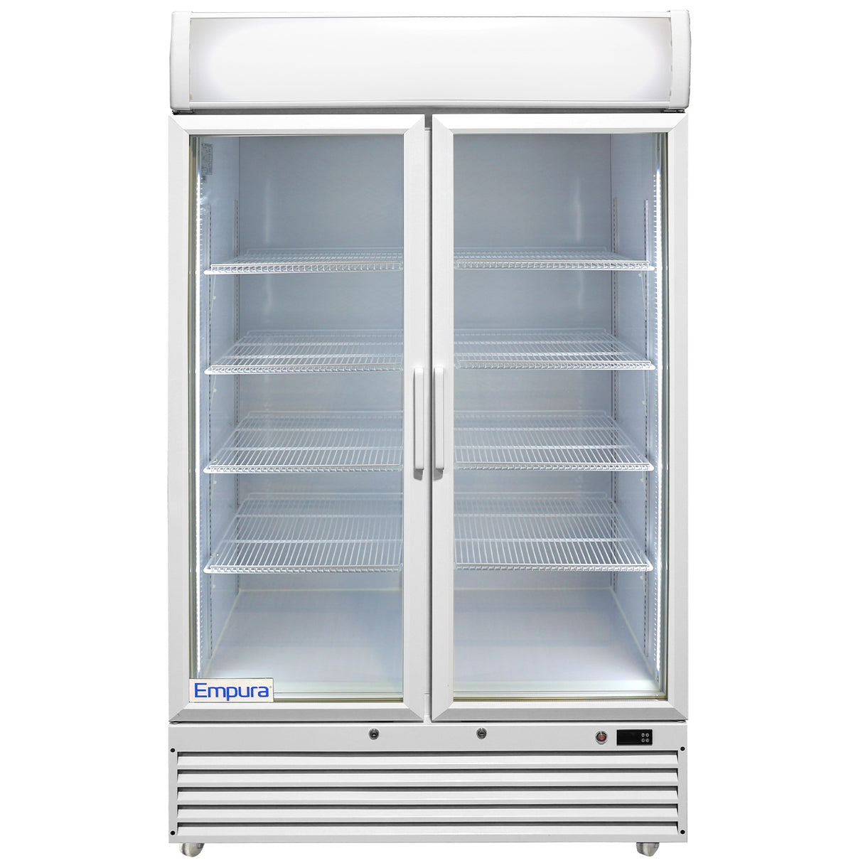 A commercial Empura Refrigeration unit with two glass swing doors, a white frame, and five adjustable wire shelves. The interior is lit and empty. Brand name appears on the lower left, with vents and a control panel at the bottom.