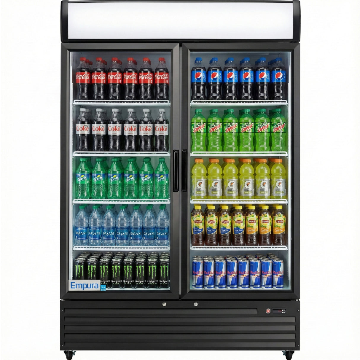 Glass-door Empura EGM-50B commercial refrigerated merchandiser filled with assorted drinks. All beverages are arranged in neat, organized rows inside this temperature-controlled display.