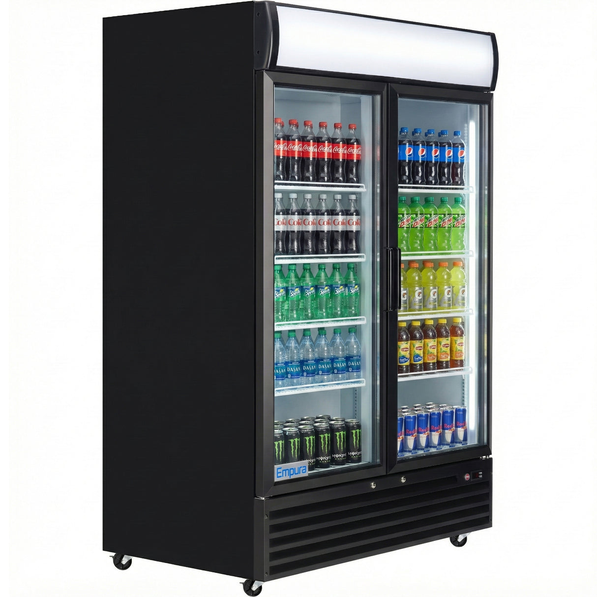 A temperature-controlled display, such as the Empura EGM-50B commercial refrigerated merchandiser, showcases rows of assorted beverages—Coca-Cola, Sprite, Monster Energy, Gatorade, Pepsi—in a sleek black fridge with two sliding glass doors and interior shelves.