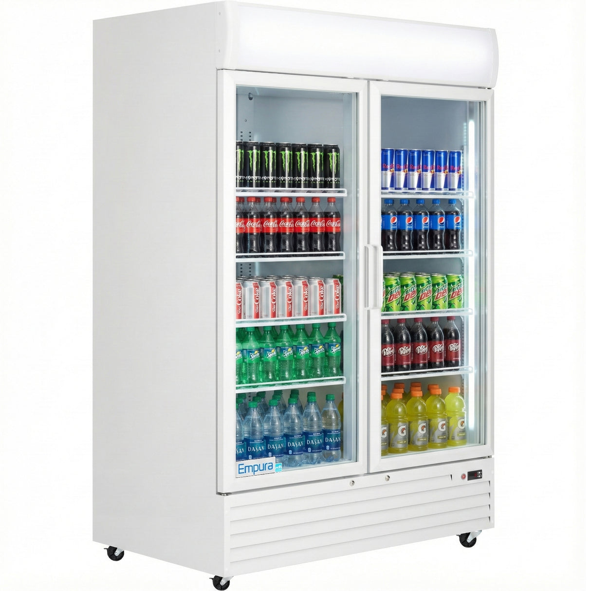 A commercial refrigerated merchandiser, the Empura Refrigeration EGM-50W, features a white glass-door fridge on caster wheels, stocked with assorted drinks like Monster Energy, Coca-Cola, Sprite, Dasani water, Pepsi, Mountain Dew, Dr Pepper, and orange Gatorade.