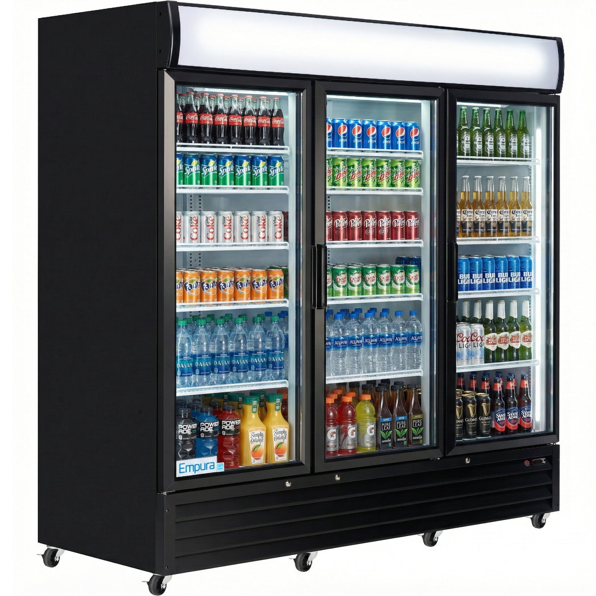 A commercial glass-door refrigerated merchandiser displays rows of assorted bottled and canned drinks—sodas, water, sports drinks, and teas. The display cooler has three vertical doors, white shelves, black trim, and caster wheels for easy mobility.