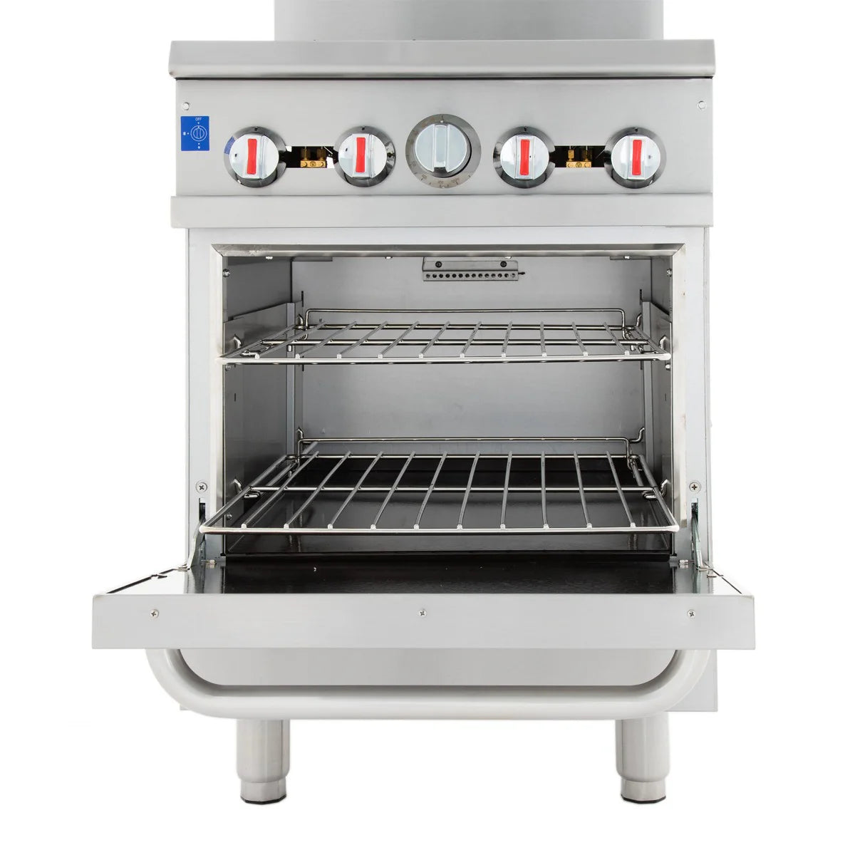 A stainless steel commercial oven with four control knobs, an open front door, and two wire racks inside. This spacious Single Base Gas Range is clean, empty, and shown from the front, highlighting its sturdy metal construction.