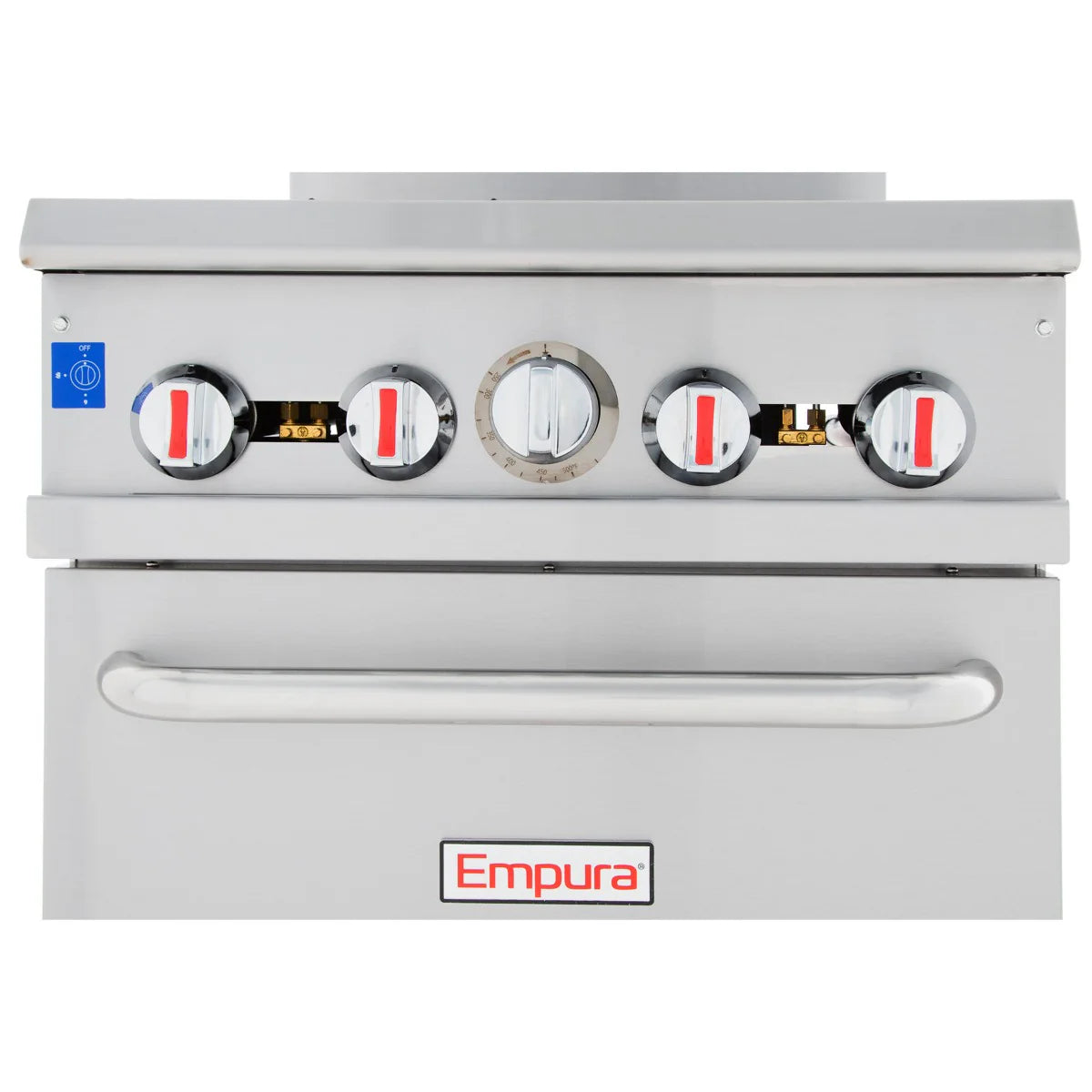Front view of a stainless steel Empura commercial oven Single Base Gas Range, featuring four control knobs with red and black markings, a central dial, and a wide handle. The Empura brand logo is visible at the bottom center.