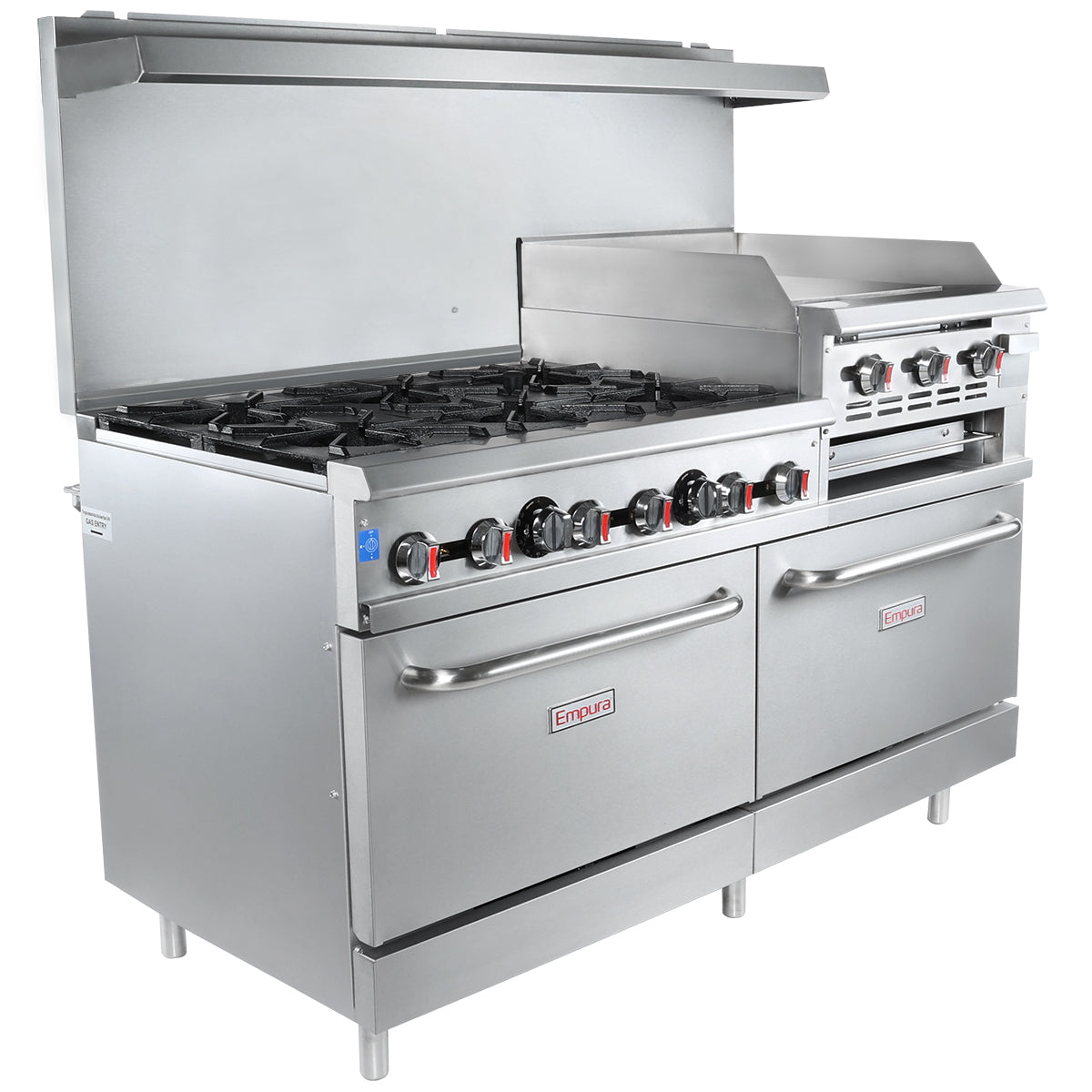 A large commercial oven with griddle, six gas burners, two oven doors, and raised backguard. The stainless steel Empire range features multiple black and red control knobs and is ideal for any busy kitchen setup.