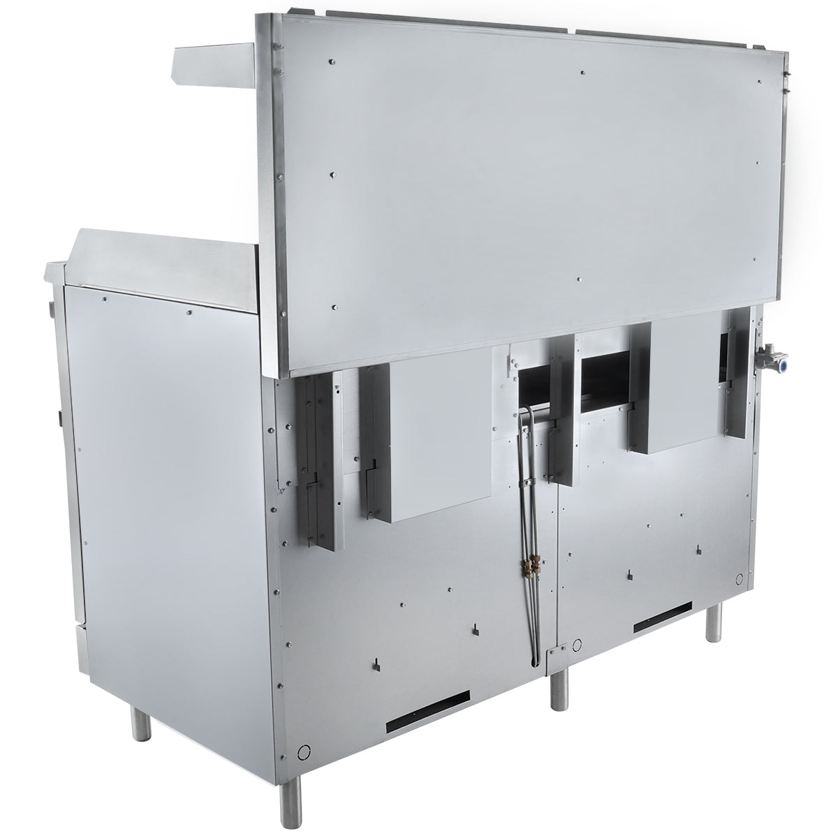A large, industrial stainless steel machine with a boxy shape, raised back panel, and multiple slots resembles a 60 inch griddle oven. It stands on four legs and is ideal for commercial food preparation or processing.