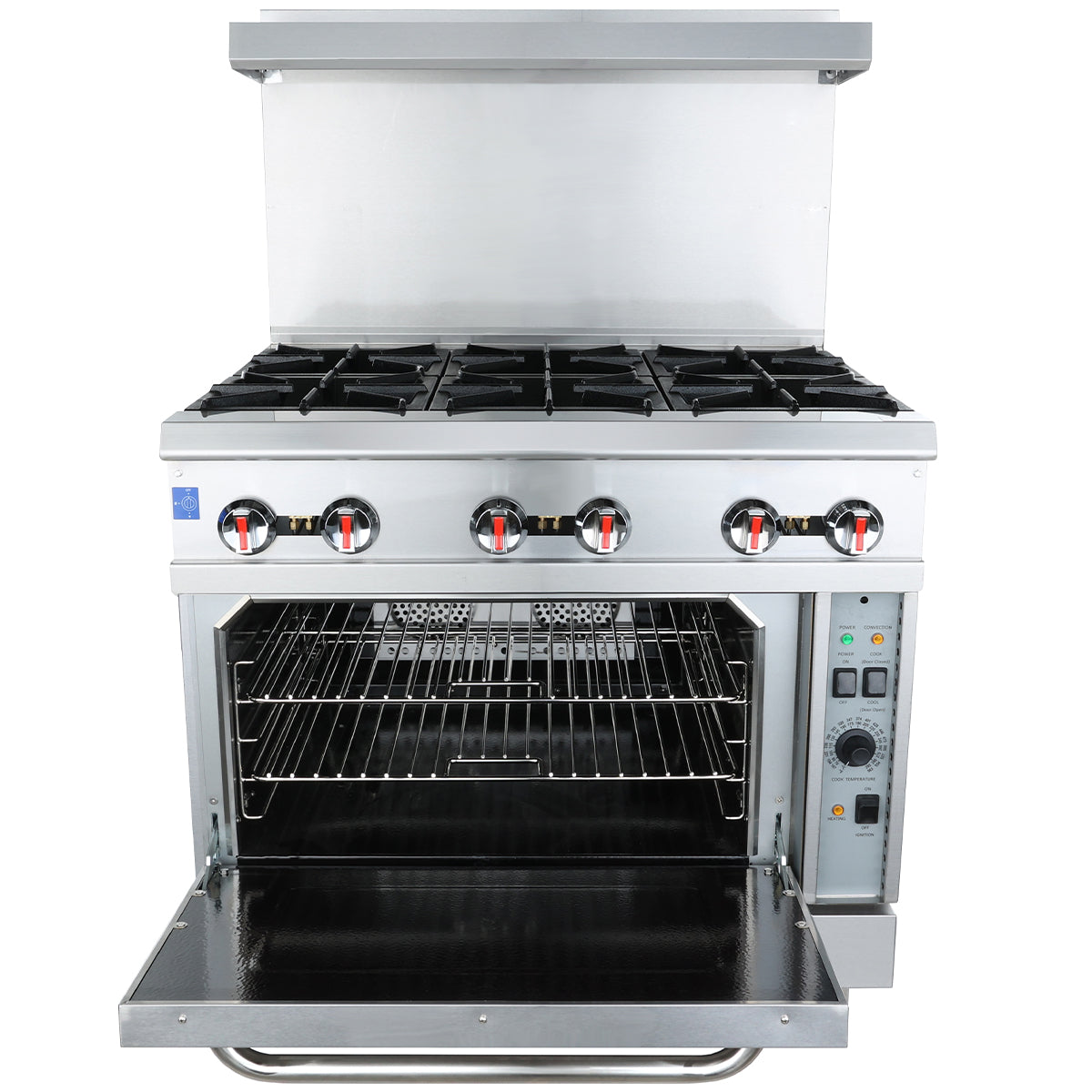 A large commercial stainless steel convection oven range with four burners and red-tipped control knobs on top. The oven door is open, revealing two metal racks inside. Control buttons and indicator lights are on the right side of the unit.