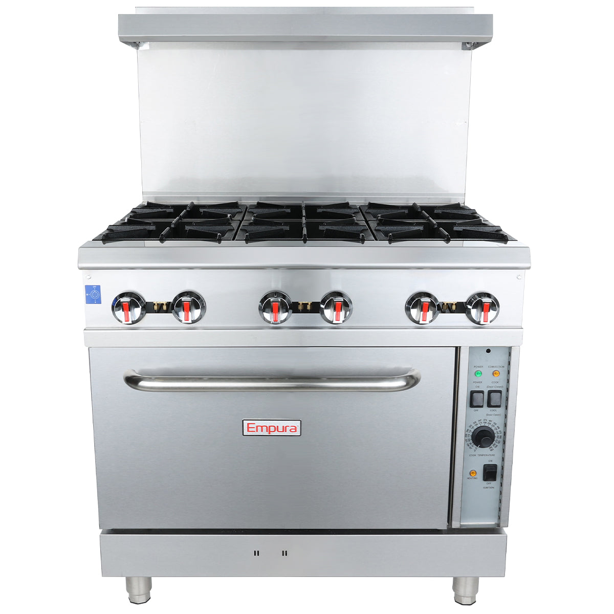 A commercial stainless steel Empura single base gas range featuring six black burner grates, red and black control knobs, a large oven door with handle, control panel with dials and buttons, and a backsplash shelf. Powered by natural gas.