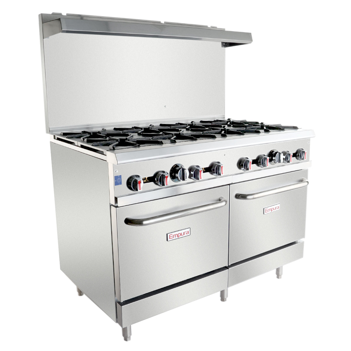 A large commercial stainless steel double base gas range with six burners, two ovens, and a backsplash. Black knobs with red markers line the front, and “Empura” brand labels are visible on both oven doors. Stands on four metal legs.