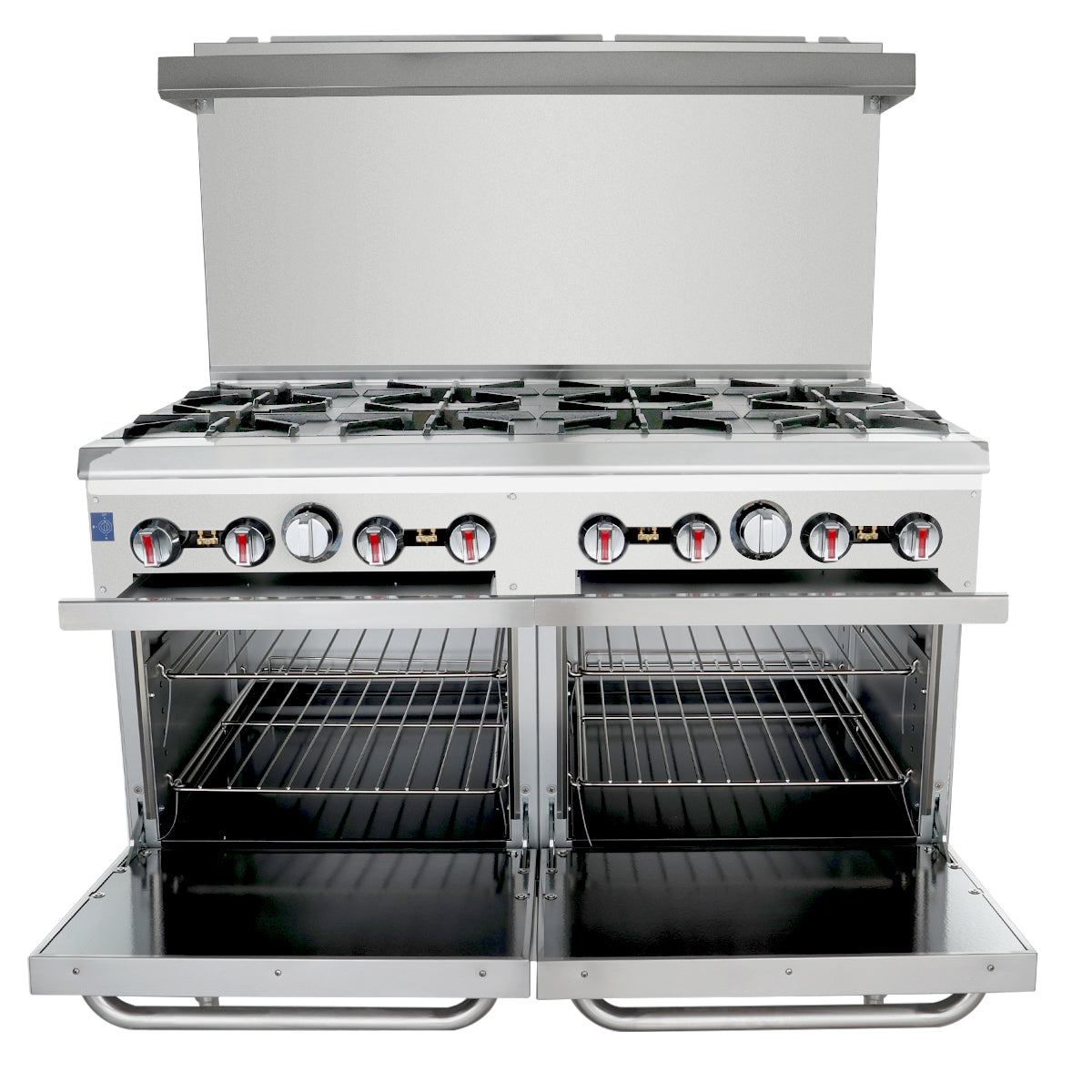 A large commercial stainless steel double base gas range with eight open top burners, two ovens below with open doors, and control knobs along the front. Each oven has metal racks inside and the backsplash is raised behind the burners.