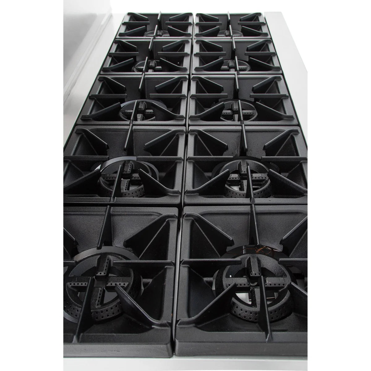 A close-up view of a black eight-burner double base gas range, featuring two rows of four cast iron grates each on a stainless steel surface—a prime example of commercial kitchen equipment. The image is taken from above and to the side.
