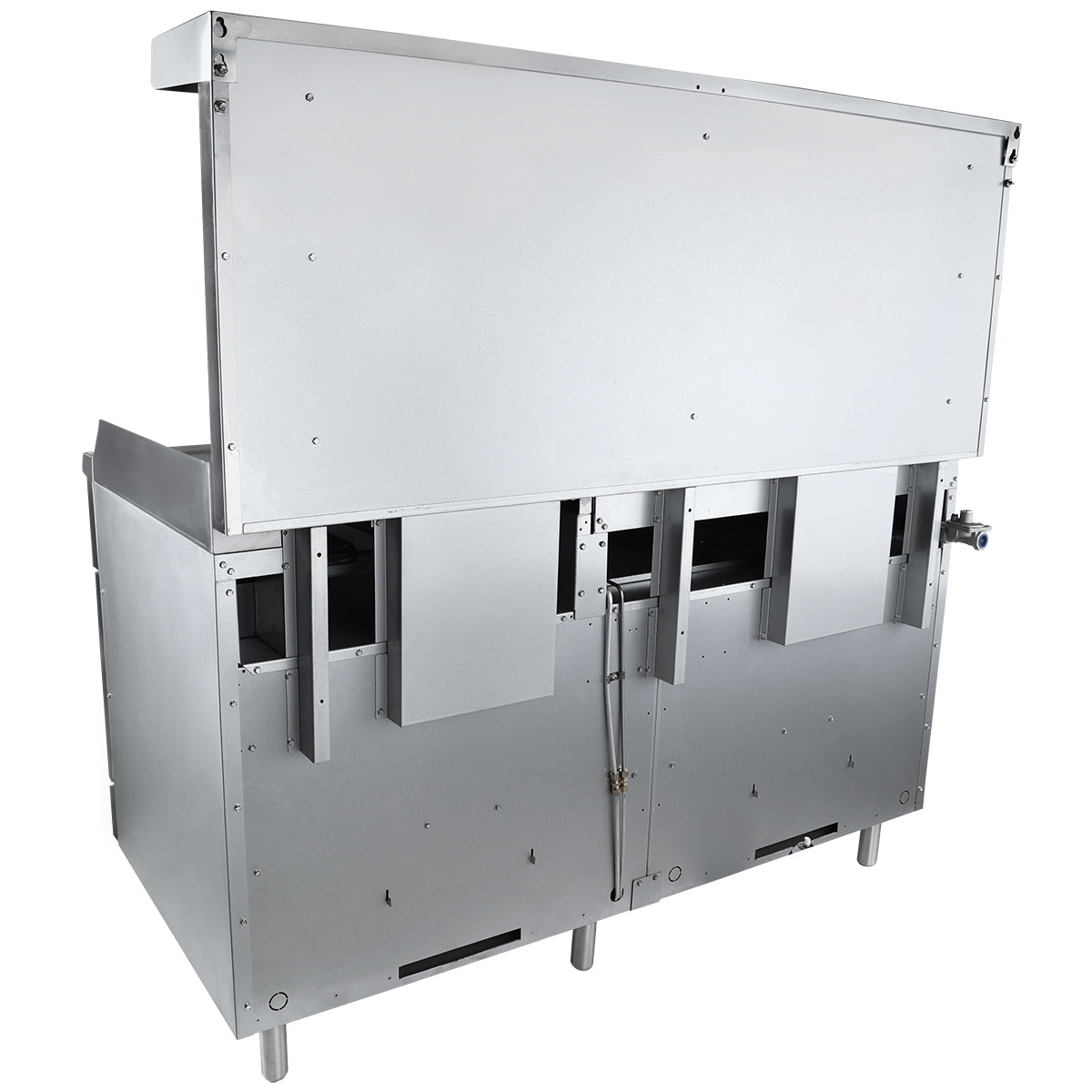 A large, industrial stainless steel dishwasher with an open lid, revealing internal compartments, stands beside a double base gas range. Sturdy legs support the boxy design—perfect for heavy-duty commercial kitchen use.