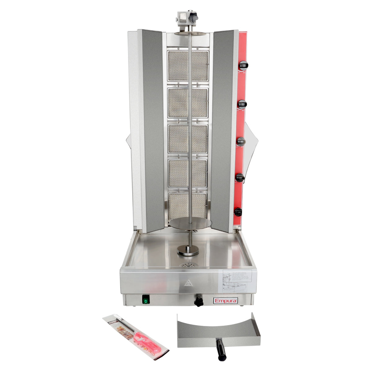 A commercial gas gyro broiler with a central metal spit for meat, surrounded by a tall heating element with red-glowing burners on one side. The stainless steel base features a drip tray, with a meat clamp and cutting tool placed in front.
