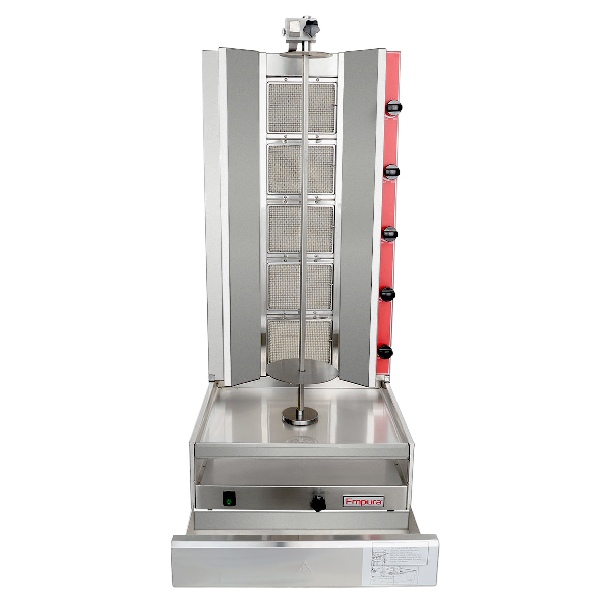A vertical stainless steel gyro broiler with a central rotating spit and multiple heating elements on one side. The device has black control knobs, a removable drip tray at the bottom, and red “Empura” branding on the front panel.