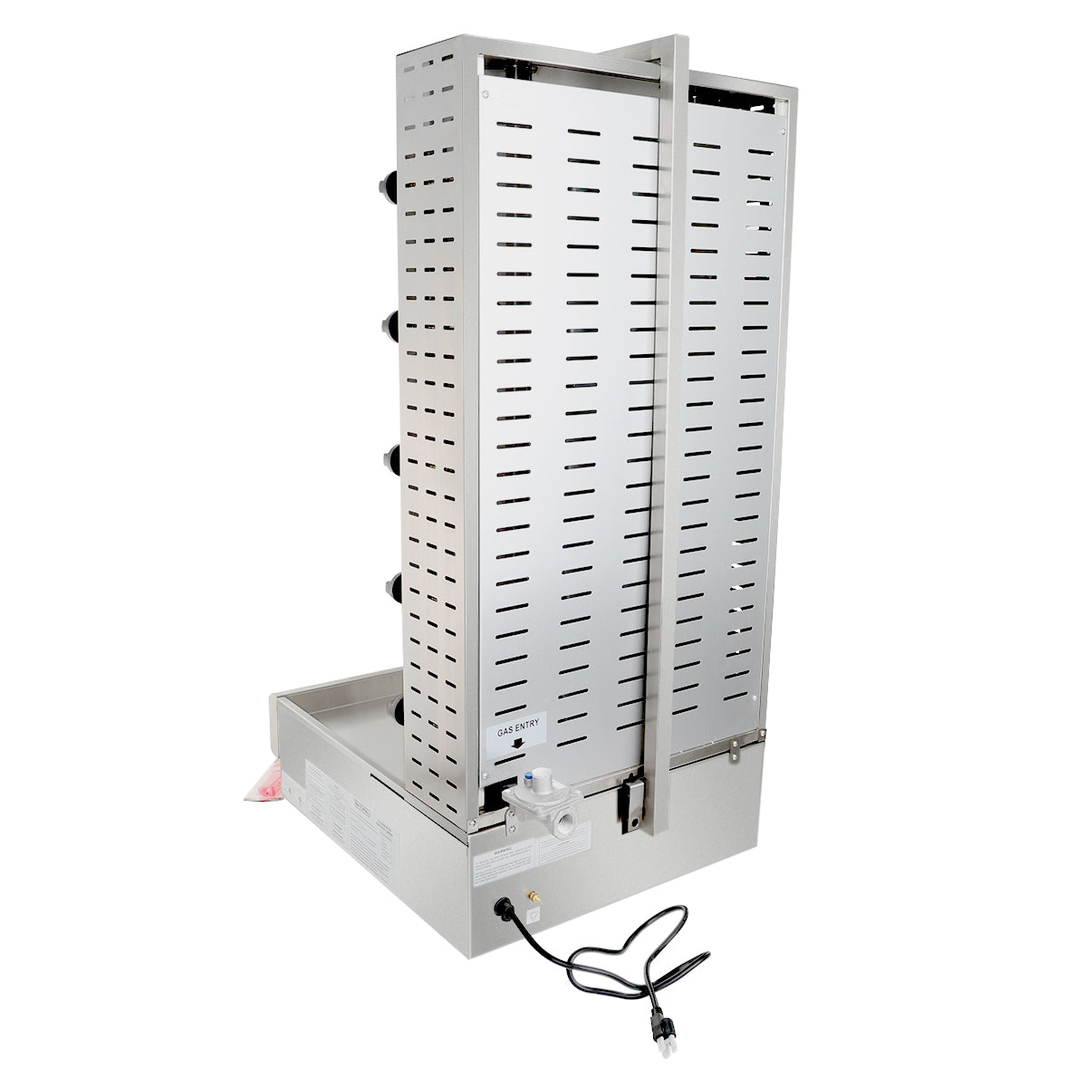 A vertical stainless steel gyro broiler with multiple horizontal heating elements and a metal spit rod. It features a vented panel, drip tray, electrical cord, and adjustable side controls—perfect for commercial rotisserie needs.