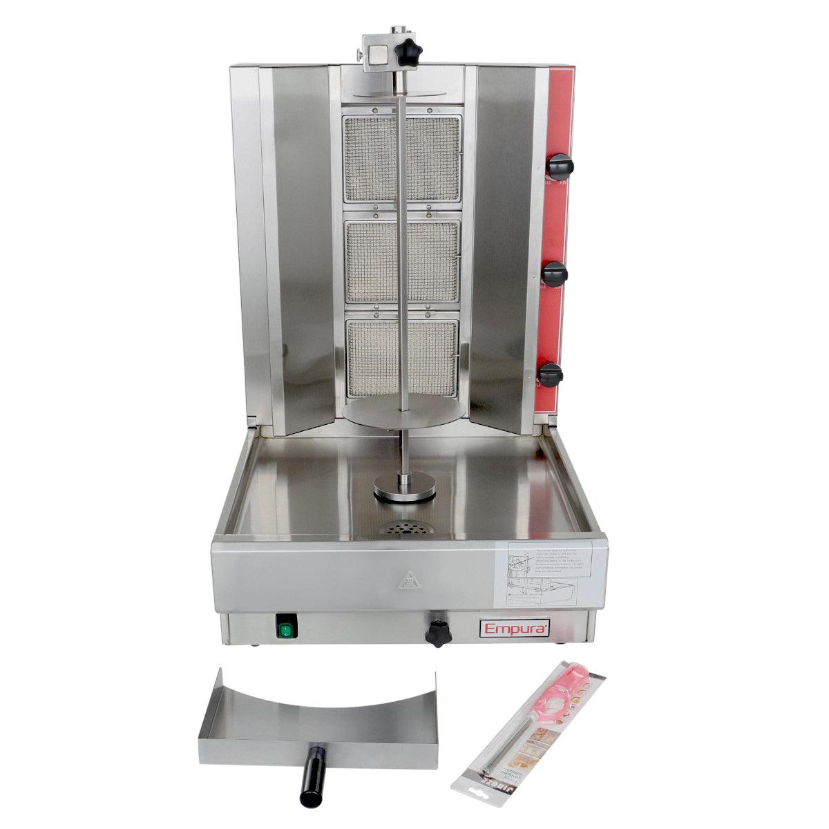 A vertical stainless steel Gas Gyro Machine by Empura EGVB-65 features three red control knobs, a central rotating spit, drip tray, handle, and accessory pack in front. The brand name is displayed on the lower front panel of this Vertical Broiler.