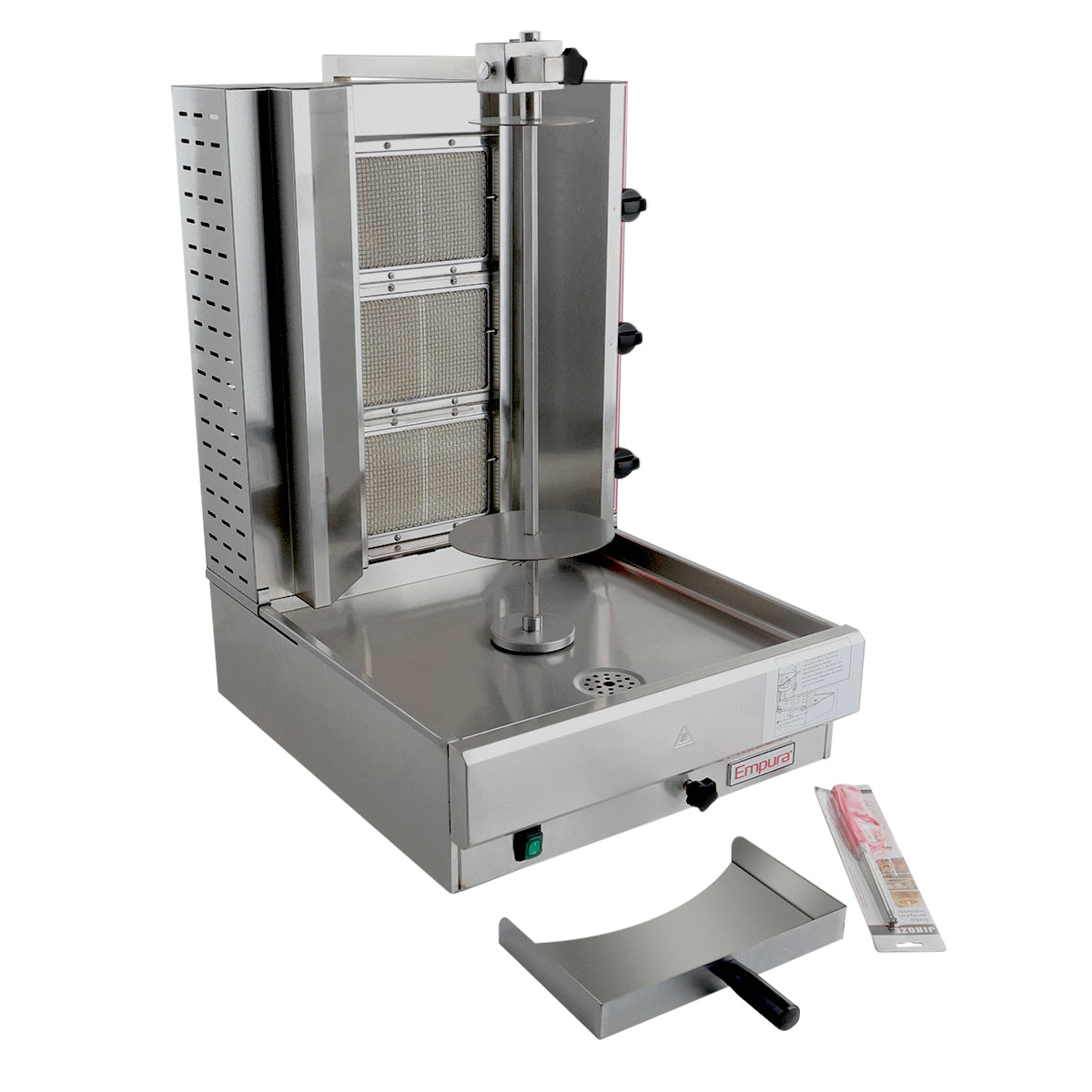 A stainless steel Empura EGVB-65 vertical broiler for shawarma or gyros, featuring a rotating central spit, side control knobs, drip tray, and removable parts like a meat catcher and skewer. Accessories sit beside this gas gyro machine.