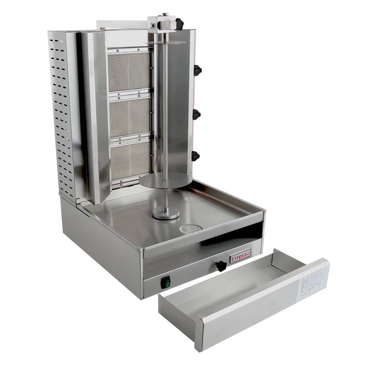 The Empura EGVB-65 Vertical Broiler is a stainless steel rotisserie machine with heating elements on the back, a central rotating spit, side control knobs, and a removable drip tray—ideal as a gas gyro machine for shawarma or doner kebab.