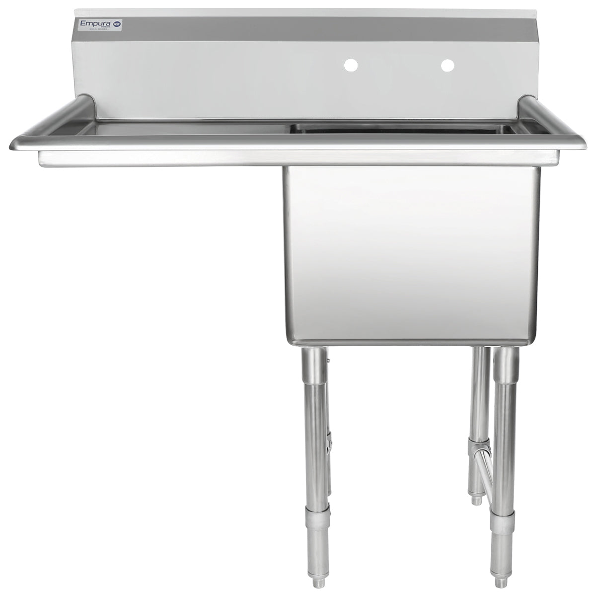 A stainless steel sink with a deep rectangular basin, high backsplash, and two faucet holes. This NSF commercial sink stands on four sturdy, adjustable legs and features a clean, industrial design perfect for kitchens or utility rooms.