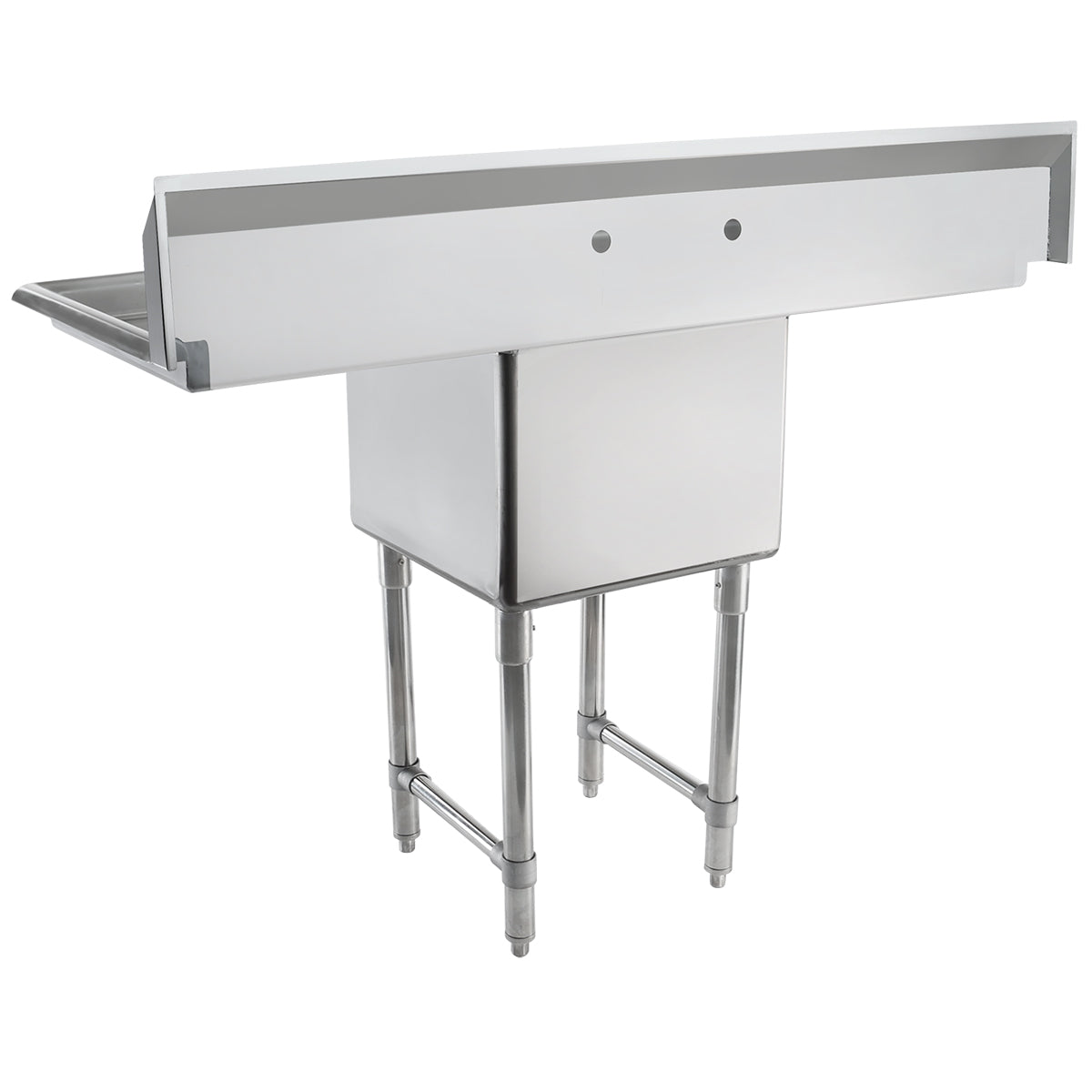 A stainless steel NSF sink with a deep rectangular basin, splash guard along the back, two faucet holes, a side drainboard on the left, and four sturdy cylindrical legs—perfect for industrial kitchen use.