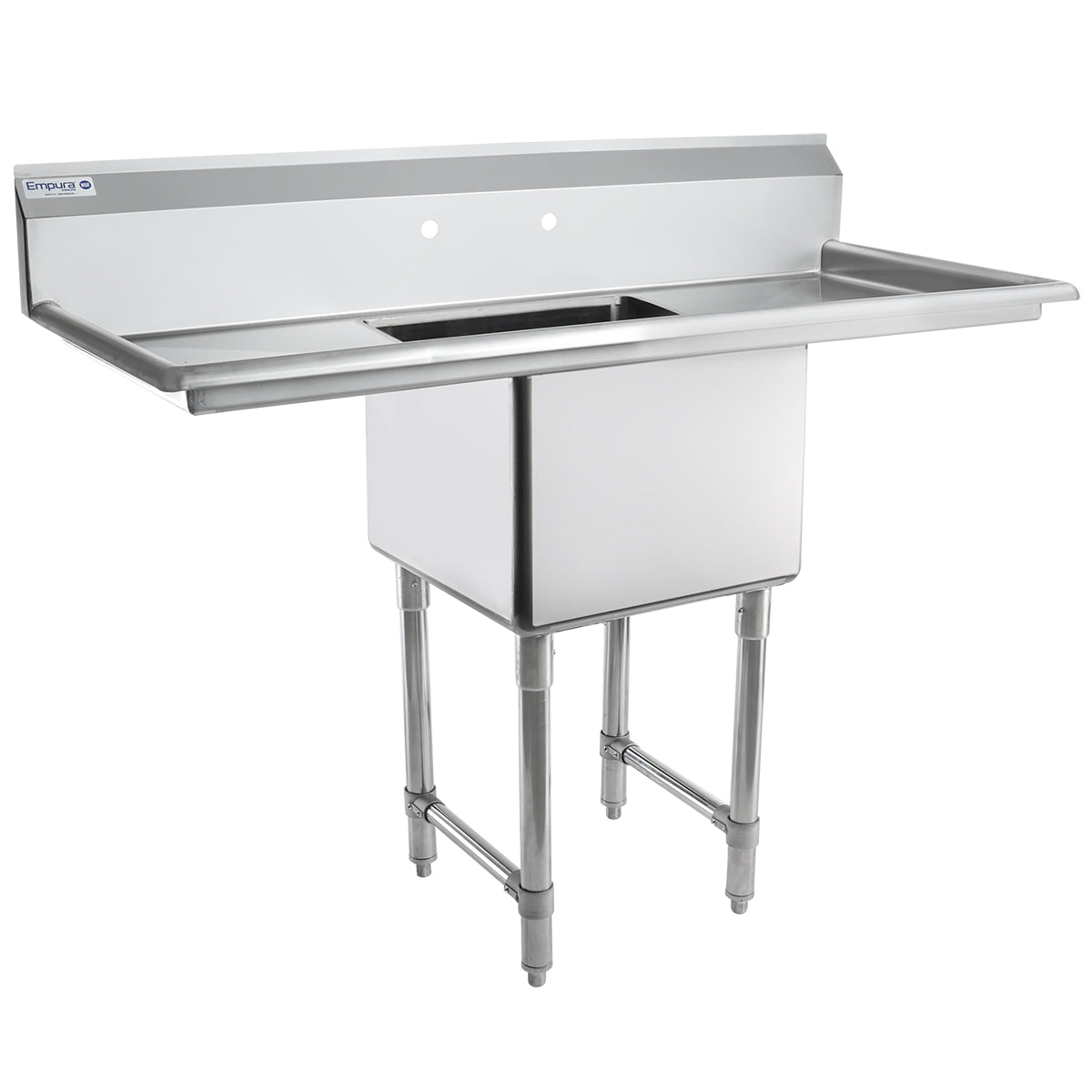 A commercial stainless steel sink with a deep rectangular basin, raised backsplash, and two faucet holes. This NSF sink features extended flat surfaces on both sides for workspace, supported by four sturdy metal legs with adjustable feet.