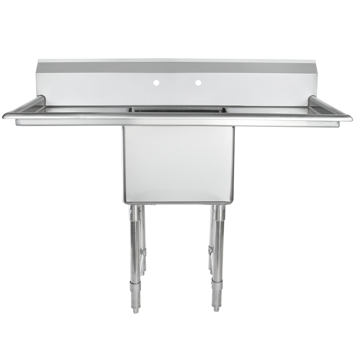 A stainless steel commercial sink with a single deep basin, tall backsplash, and two faucet holes. This NSF sink features wide side drainboards and stands on four sturdy legs with adjustable feet, perfect for heavy-duty kitchen or industrial use.