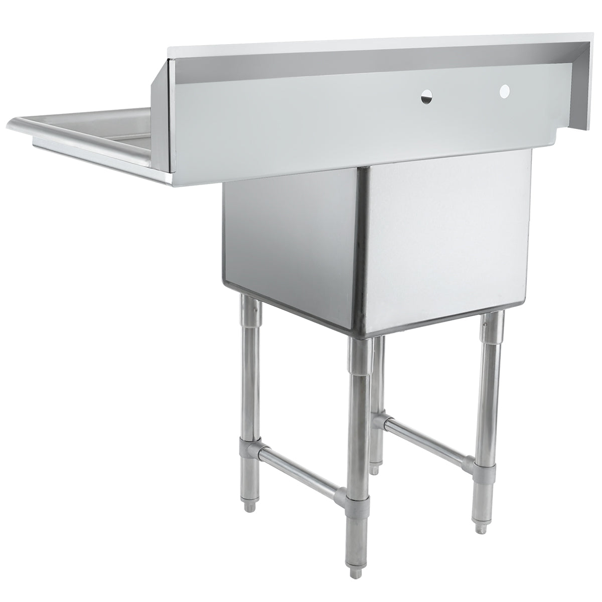 A stainless steel NSF sink with four sturdy legs, a deep rectangular basin, and high back and side splashes. This commercial sink features two faucet holes and a left-side drainboard, ideal for industrial kitchens or food service environments.