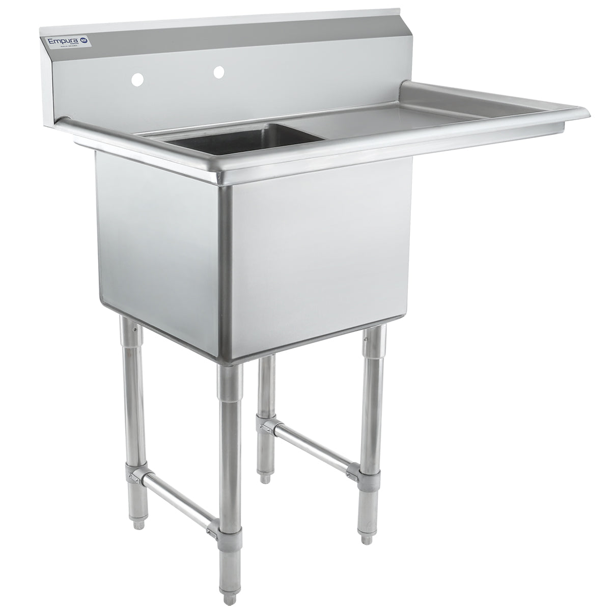 A durable NSF sink with four legs, this stainless steel commercial sink features a deep square basin on the left, a flat drainboard on the right, a high backsplash with two faucet holes, and sturdy cross-bracing between the legs.