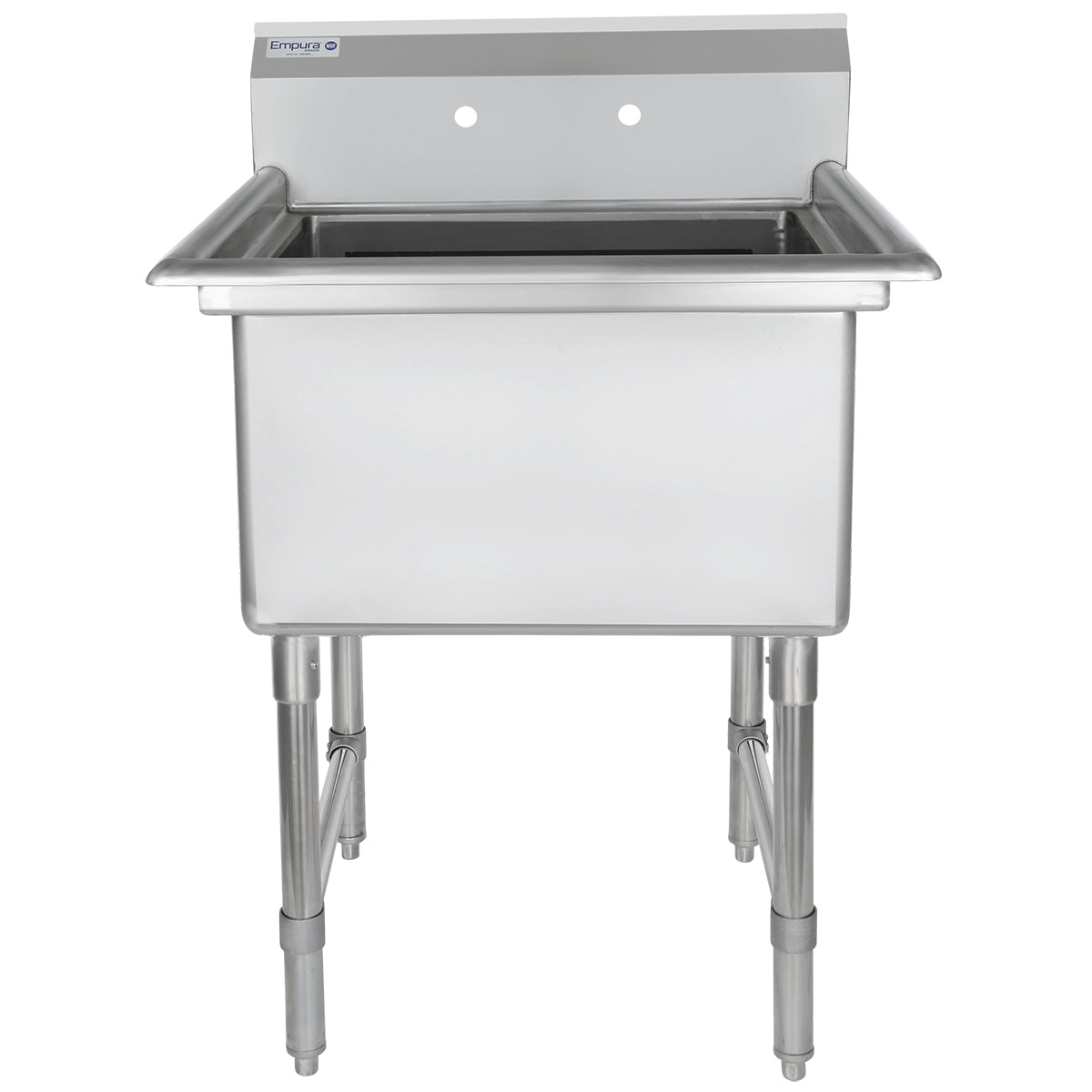 A heavy duty stainless steel sink with a deep rectangular basin, high backsplash with two pre-drilled faucet holes, and sturdy tubular legs. This 1 compartment sink has a clean, industrial design ideal for kitchens or utility areas.