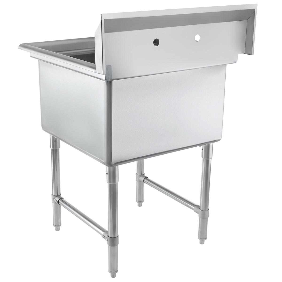 A heavy duty stainless steel sink, this NSF Empura 1 compartment sink features a deep rectangular basin, raised backsplash with two faucet holes, and four sturdy legs with cross supports, all shown on a white background.