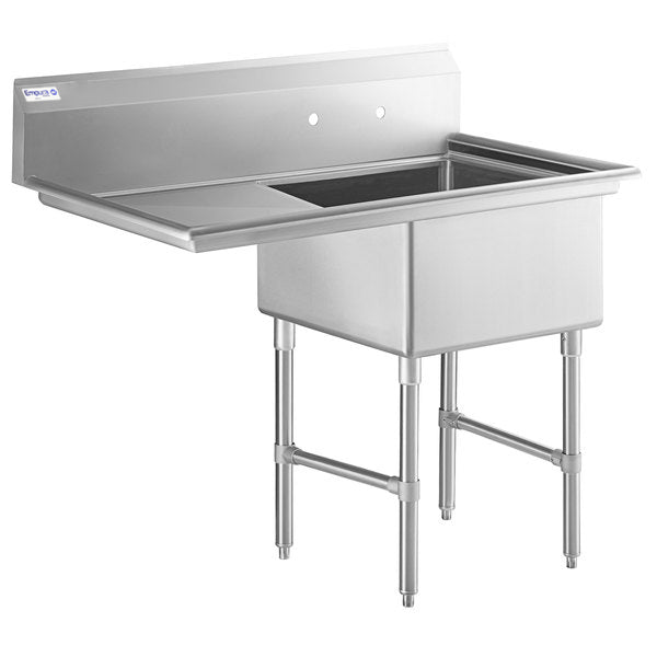 A stainless steel utility sink with a deep rectangular basin, four sturdy legs, and an attached drainboard on the left side. This NSF sink features a raised backsplash with two faucet holes, offering a utilitarian design ideal for commercial use.